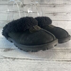 UGG Shoes Womens 7 Black Sheepskin Suede Mule Slippers Australia Coquette Eva